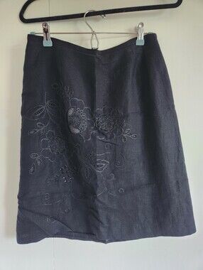 Alexandra Bartlett Linen Blend Embroidered A-Line Skirt Black Floral Size 6